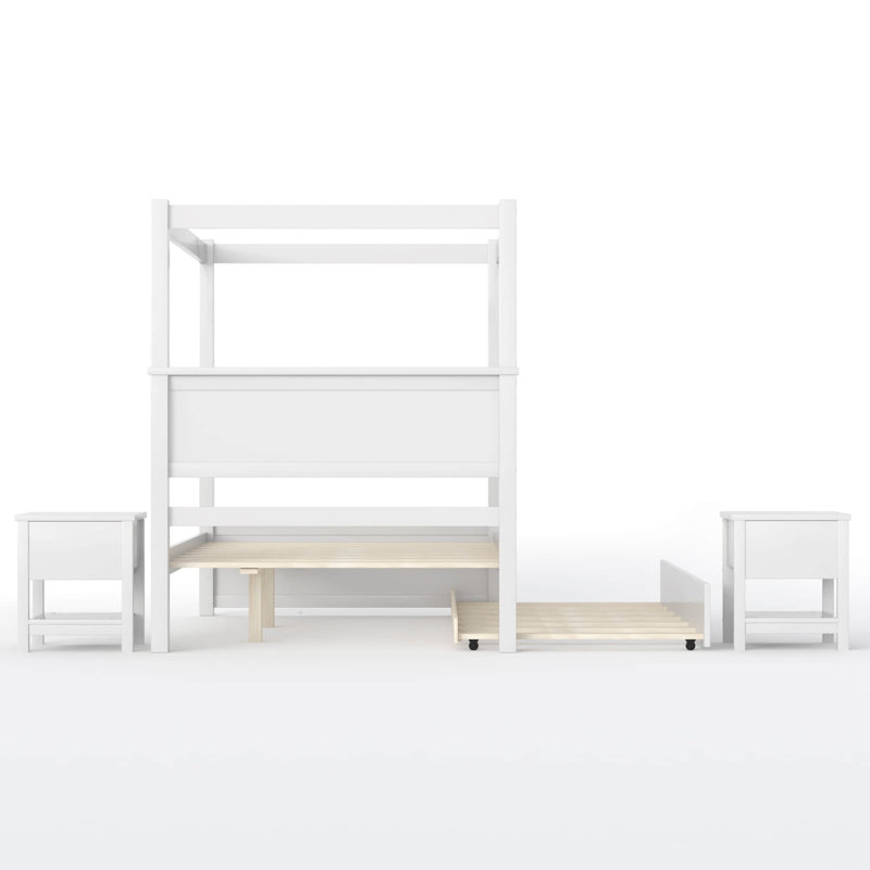 Lit double à baldaquin en bois avec lit gigogne et deux tables de chevet