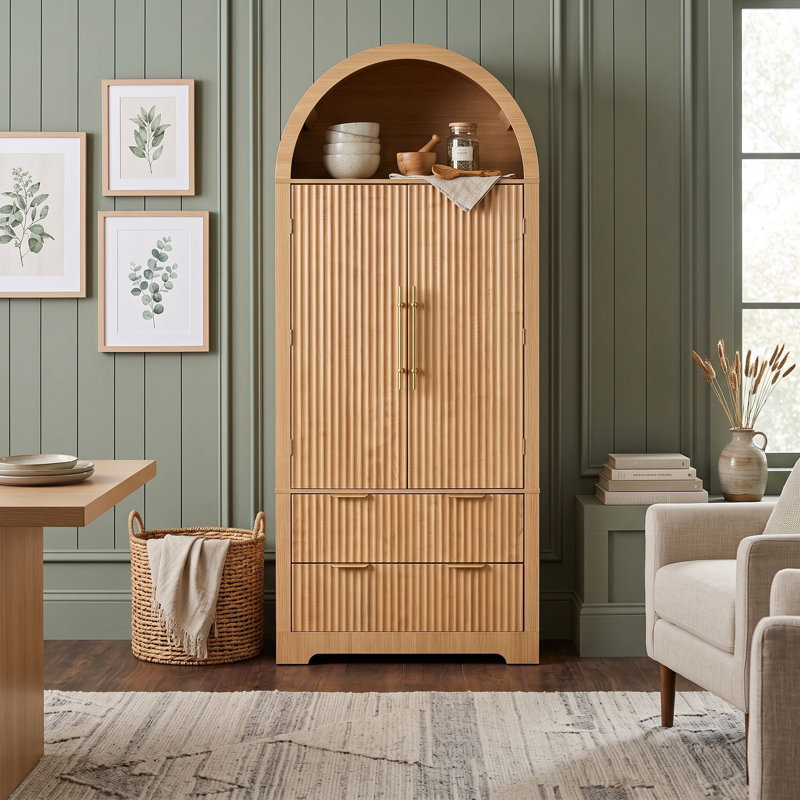 Armoire de cuisine en bois avec 2 tiroirs et 8 tablettes de porte réglables, Naturel