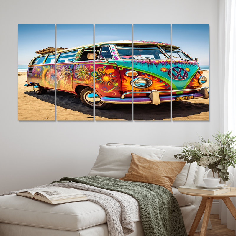 «Magic Hippie Bus On The Beach I - Car Van», reproduction d'art murale - 5 panneaux égaux