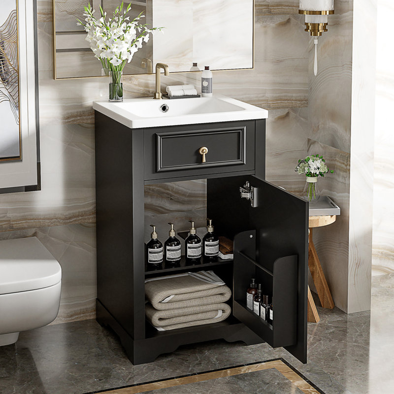 Meuble-lavabo de 20 pouces avec lavabo en céramique, porte à fermeture douce, tablette réglable et support de rangement fixé à la porte - idéal pour les petites salles de bain