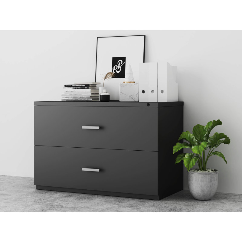 My-Hite Steel Lateral Filing Cabinet with 2 Drawers, Interlock System, Glide Suspension, Black