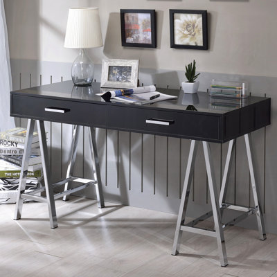 Desk,Black High Gloss And Chrome 2-Drawer Writing Desk