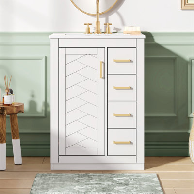 Meuble-lavabo pour salle de bain avec lavabo en céramique, 1 porte, 3 tiroirs, meuble-lavabo pour petite et moyenne salle de bain
