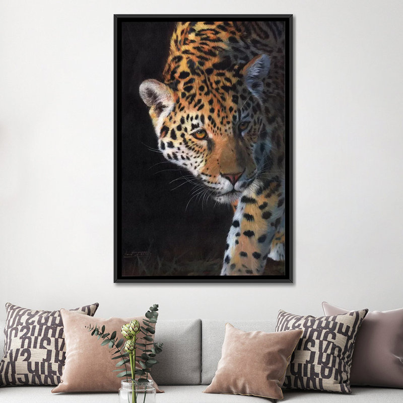 «Jaguar Portrait», reproduction d'impression sur toile, H 26 po x l 18 po x P 1,5 po, Toile encadrée noire, Pas de tapis