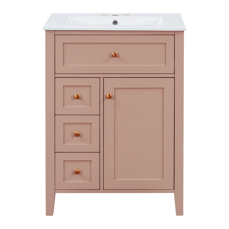 24'' Freestanding Bathroom Vanity With Ceramic Top, Pink