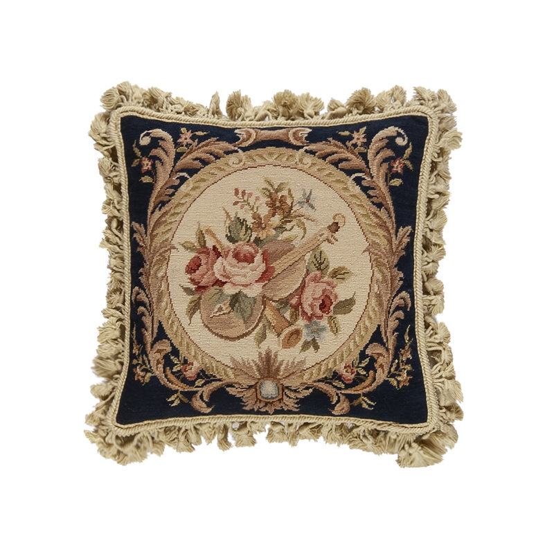 Needlepoint Square Pillow Cover & Insert, Beige Floral 1, Square 16"