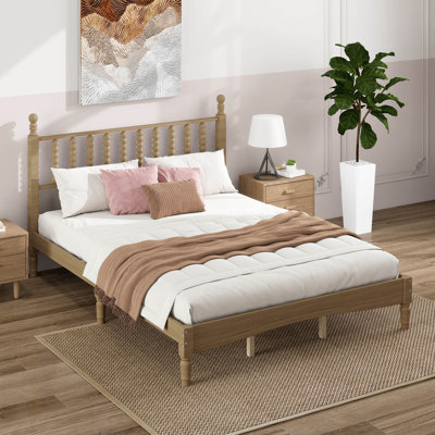 Lit plateforme en bois avec tête de lit en forme de gourde, style rétro et support en lattes de bois robuste pour un sommeil confortable