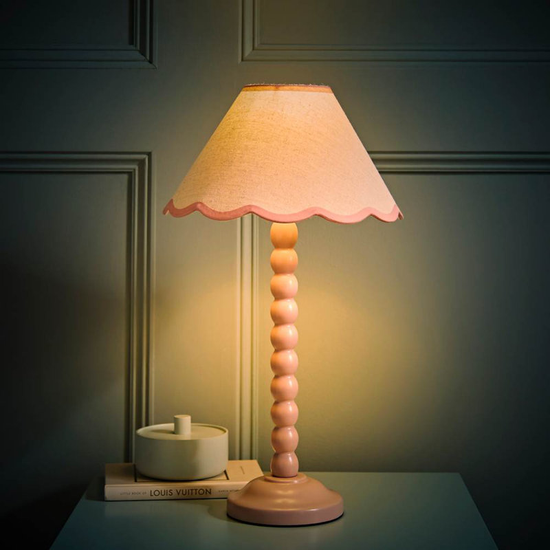 Nephi Bobbins Painted Table Lamp with Tapered Natural Linen Trim Scallop Shade, Natural Linen with Pink Trim, Pink, Yes