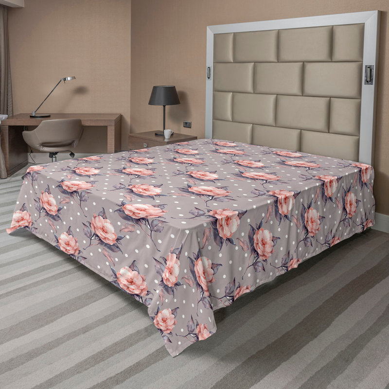 Drap plat Ambesonne Vintage roses sur pois taupe gris corail