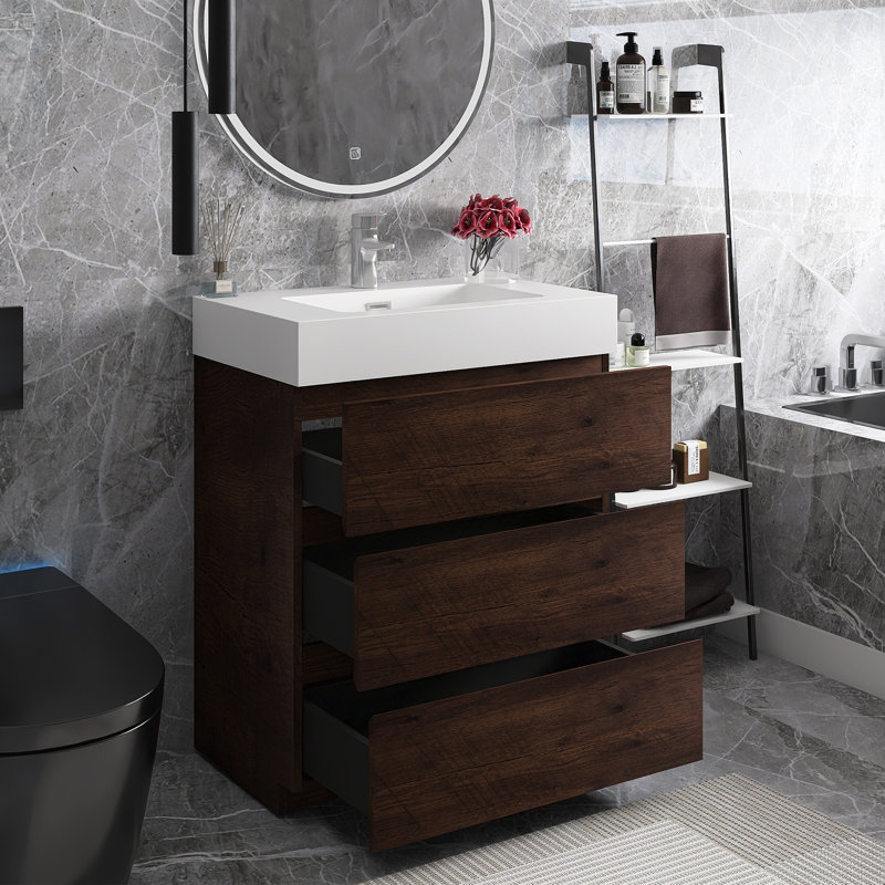 Meuble-lavabo simple autoportant 30 po avec plateau Anouschka, Blanc, Noyer