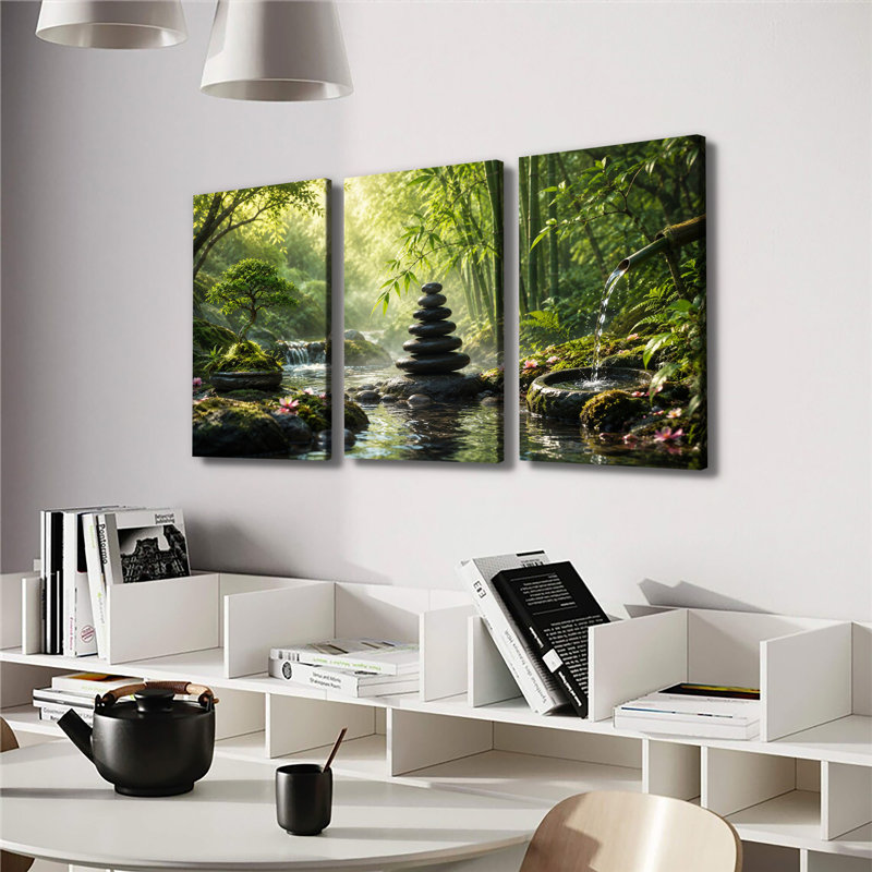 Ensemble de 3 impressions murales en toile de bambou Zen, H 12 po x l 24 po x P 1 po