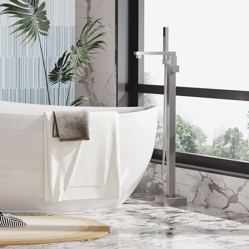 GarveeHome Free Standing Tub Faucet Chrome, Single Handle Floor Mount Bathtub Faucet with Square Handheld Shower Mixer Taps, Bathroom Tub Filler