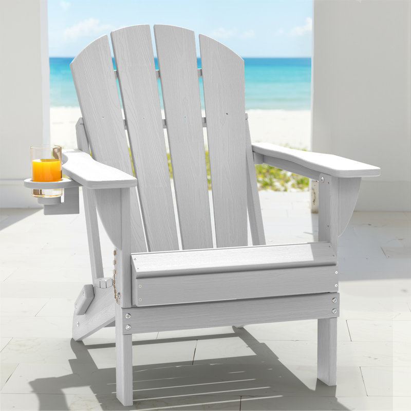 Mallette Adirondack Wood Texture HDPE Foldable Chair Pit Chair with Cup Holder, White