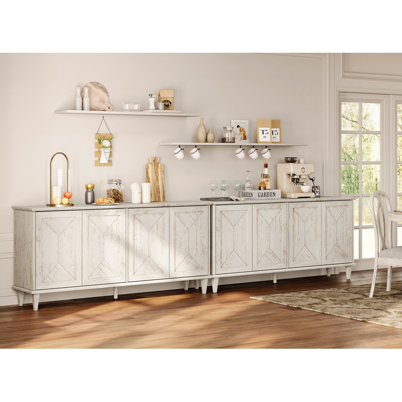 130-Inch Handcrafted Patchwork Decorative Buffet Cabinet With Pop-Up Design Doors,2-In-1 Large Modern Farmhouse Accent Credenza For Dining Room, Kitchen, And Living Room, Pale Oak
