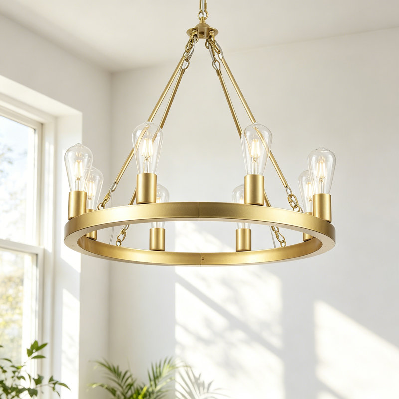 Myriane 8 - Light Gold Wagon Wheel Chandelier, Farmhouse Round Vintage Candle Style Light for Living Room, Foyer, Entryway