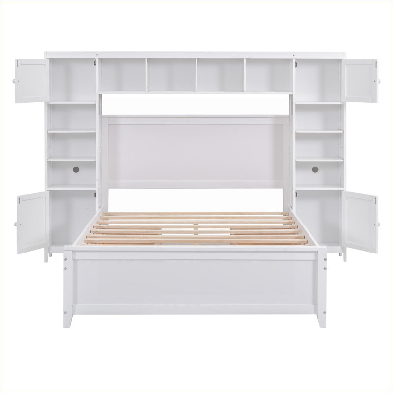 Lit plateforme en bois massif blanc pur avec armoires de rangement intégrées tout-en-un et tiroirs sous le lit