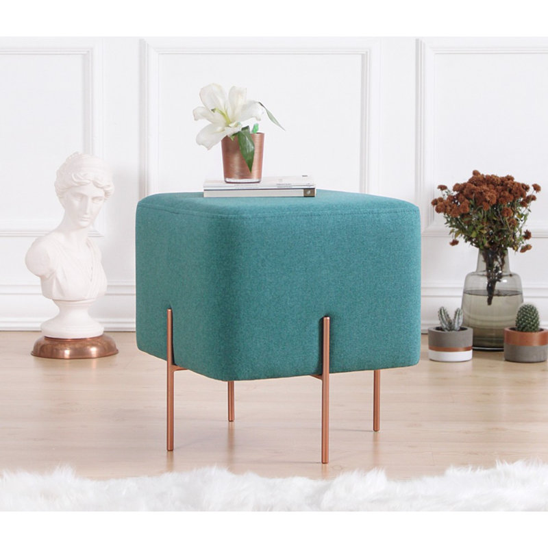 Élégant pouf bohémien, vert clair, 15,7 po x 16,5 po x 15,7 po | Tissu 50% coton / 50% lin, éponge orthopédique 2,0 pouces | Pieds en fer durable revêtus de cuivre | Parfait pour la décoration d'hôtel et de maison, confortable et chic