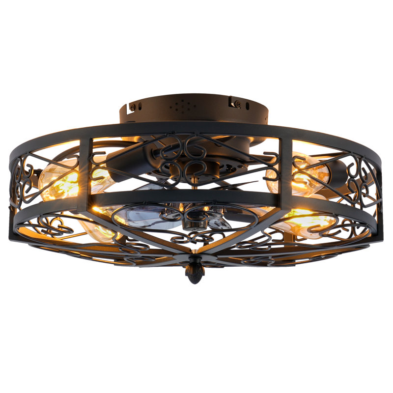 20-Inch Low Profile Caged Ceiling Fan With Light, Matte Black Finish With Clear Acrylic Invisible Blades, Farmhouse Industrial Flush Mount, 6-Speed Reversible Motor, Remote Control, E26 Bulb Base (Bulbs Not Included), For Bedroom Living Room Kitchen