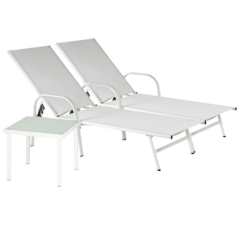 Sussex Sun Loungers and Table Set - 2 Garden Adjustable Loungers with 1 Side Table - Modern Design, White