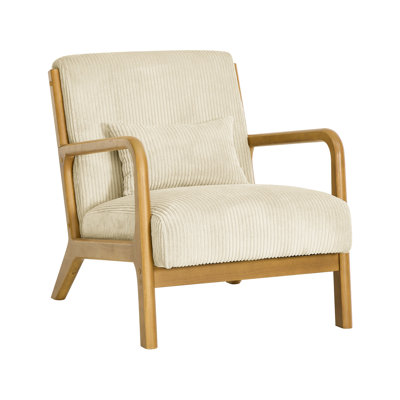 Scandinavian Designed Wooden Armchair With Soft Tone Corduroy Upholstery, Beige, For Leisurely Afternoons, 31.17 Height, 33.39 Lb Weight Gently Curved by Mercer41
