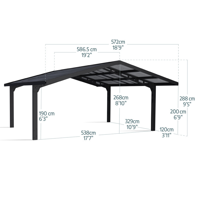 Palram - Canopia Sydney 19 Ft. x 19 Ft. x 9 Ft. Apex Wave Double Carport Aluminum Metal Frame and Polycarbonate Panels for Outdoor Car, Truck, RV, Trailer, Boat Storage Black/Solar Gray