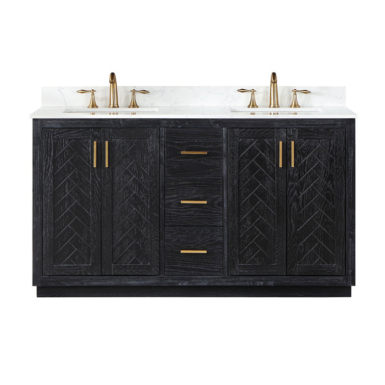 Gazsi 60" Double Bathroom Vanity Set With Grain White Engineered Stone Countertop Without Mirror