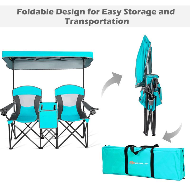 Double Sunshade Folding Chairs Outdoor 2-Person Chairs, Teal