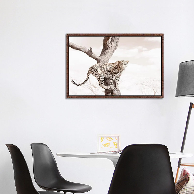White Leopard by Klaus Tiedge - Print on Canvas, 101.6 cm H x 66.04 cm W, Classic Brown Wood Framed
