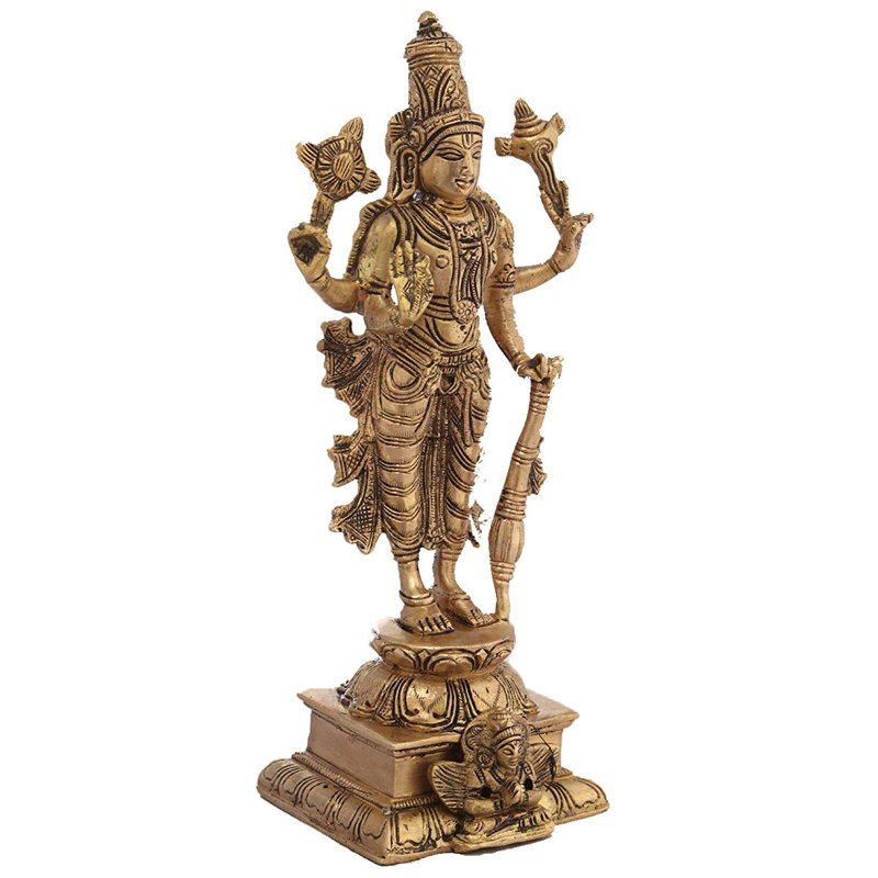 Brass Four-Armed Vishnu Statue, 9 in. Standing Figurine, Traditional Hindu Deity Sculpture for Home Altar & Meditation Room
