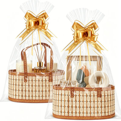 2 Pack Large Bamboo Woven Empty Gift Baskets With Handles – Includes Ribbons, Gift Bags & Greeting Cards, Foldable Storage Basket For Baby Baptism, Mother's Day, Christmas, Housewarming, Birthday, Wedding