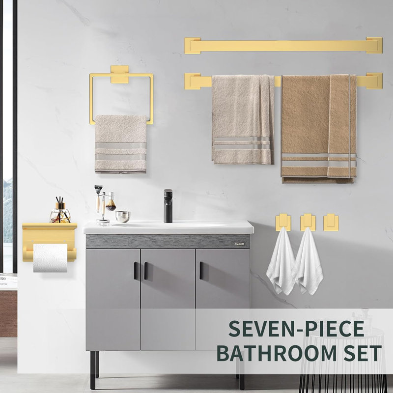 Bathroom Hardware Accessories Set - 7-Piece Stainless Steel Towel Bar, Toilet Paper Holder, Towel Hooks - Square Design, Gold