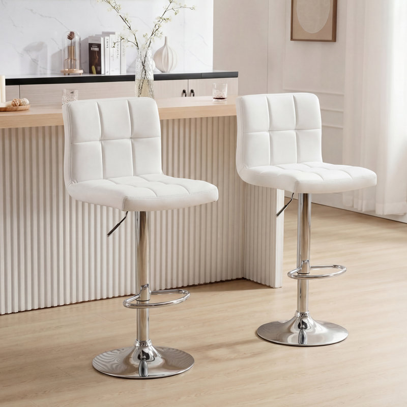 Kristopher Swivel Upholstered Faux Leather Adjustable Height Bar Stool with Iron Frame, White