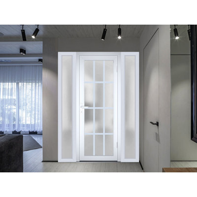 Façade extérieure avant porte en verre givré Fibre de verre givré / Manux 8312 soie blanche / 2 fenêtres extérieures latérales / Bureau Portes d'entrée commerciales et résidentielles Garage de garage-W16 + 36 + 16 po x H80 po - À gauche