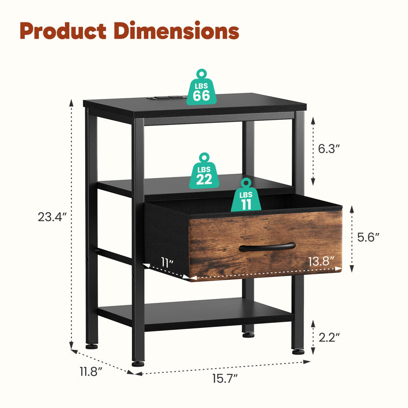 Nightstand with Built-in Charging Station, Bedside Table with Adjustable Fabric Drawer and 3-Tier Storage End Table, Set of 2