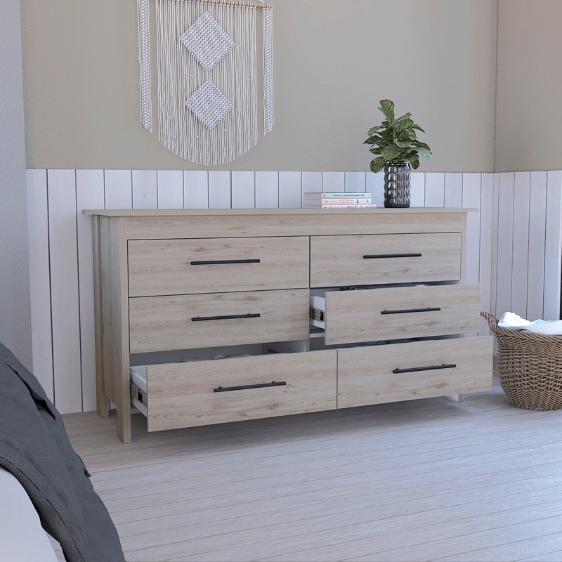 Commode double à six tiroirs Luxor, plateau supérieur, quatre pieds, Gris clair