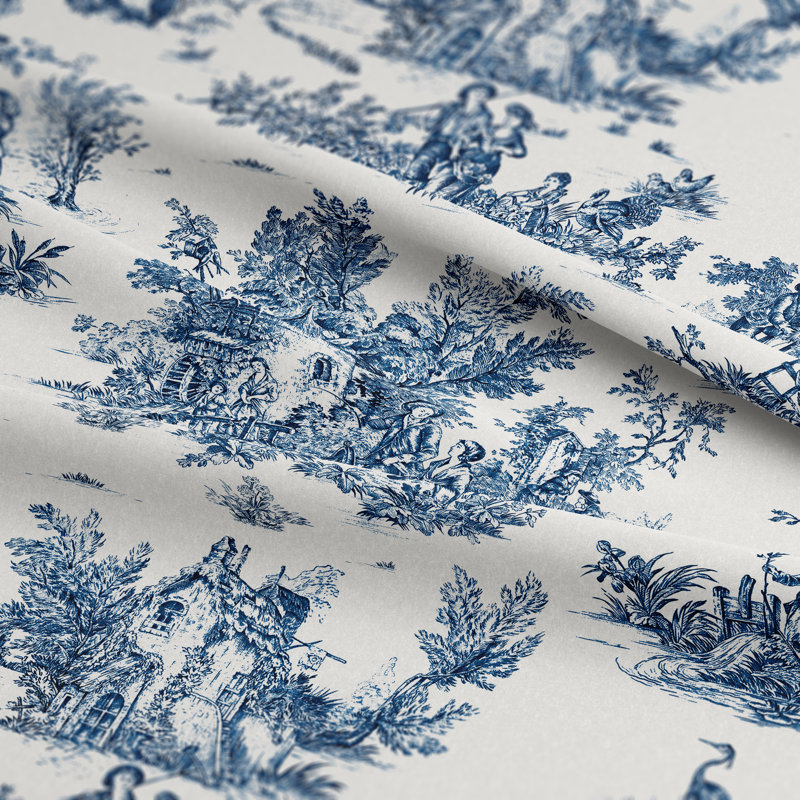 Toile De Jouy 100% Cotton Toile Room Darkening Rod Pocket Single Curtain Panel, 50" W x 84" L, Blue