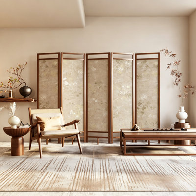 Premium French Floral Solid Wood Foldable Room Divider Screen with Natural Wood Tone Frame & Stable Base
