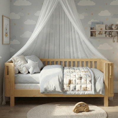 Low Profile Kids Platform Bed with Safety Rails, Removable Guardrail Toddler Bed Frame, Wood Slat Support, Natural, Twin