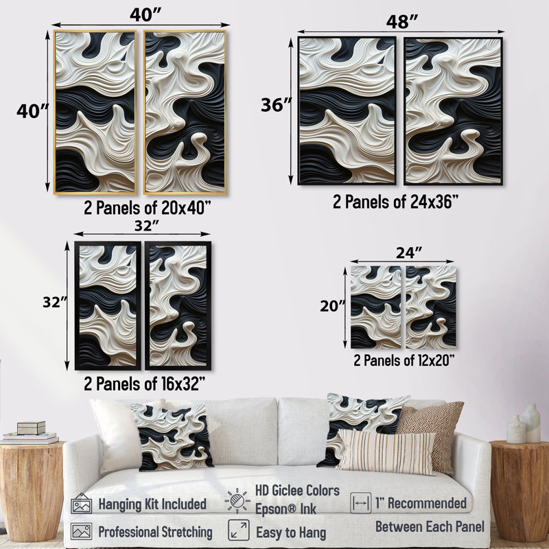 «Black White Opt Art Rhythmic Pulses - Op Art Wall Art», reproduction d'art sur toile abstraite noire 2 pièces, Doré