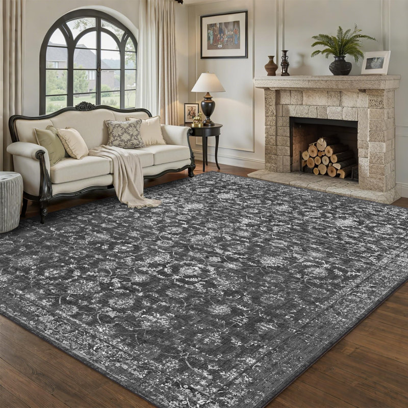 Tapis rétro à poils courts Boho, Noir, Rectangle 9 pi x 12 pi