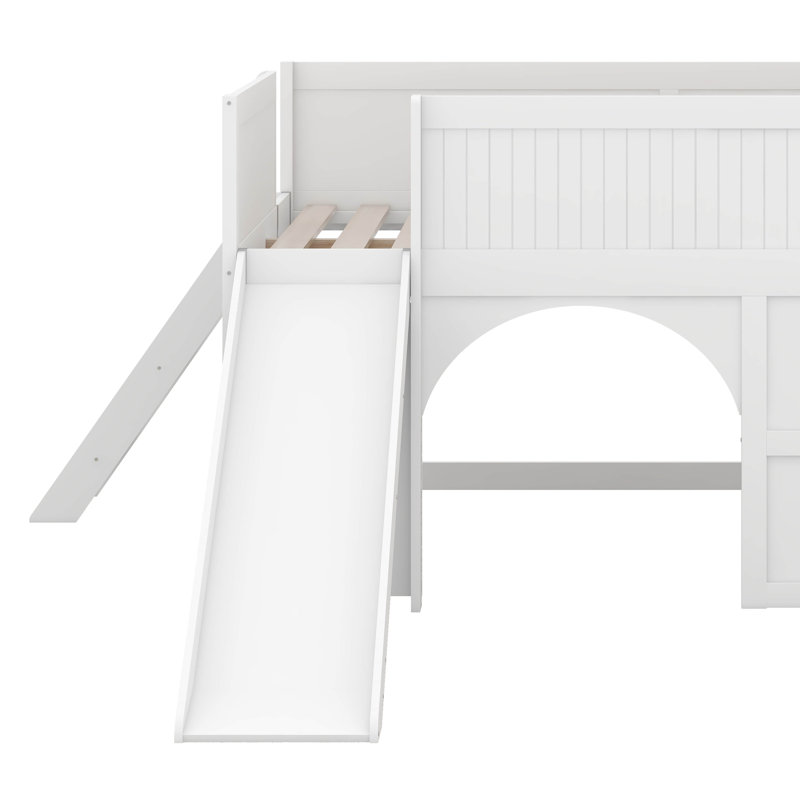 Full Size Low Loft Bed With Slide And Shelves, Wooden Low Loft Bed Frame With Storage Shelves, Door And Window Design, White