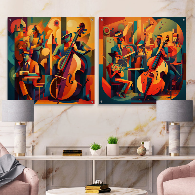 Ensemble de 2 art mural en verre Jazz Band Performance I - Music Jazz, H 36 po x l 73 po