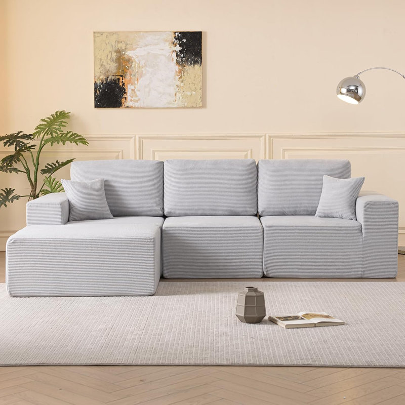 Canapé modulaire confortable en velours côtelé 108 po pour le salon, sans assemblage requis, Velours côtelé gris