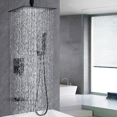 12Inch Matte Black Shower System, Stainless Steel, Wall Mounted With Handheld And Waterfall Tub Spout Outfit Contraption Construction Kit Assembly, Black, Head & Spout,