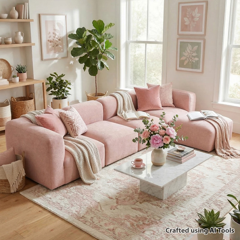 Canapé d'angle modulaire moderne de 5 pièces à profil bas avec pouf