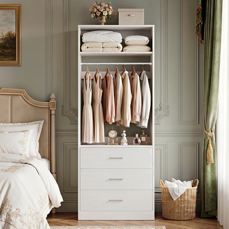 Freestanding Small 24" Closet System With 3 Wood Drawers, White