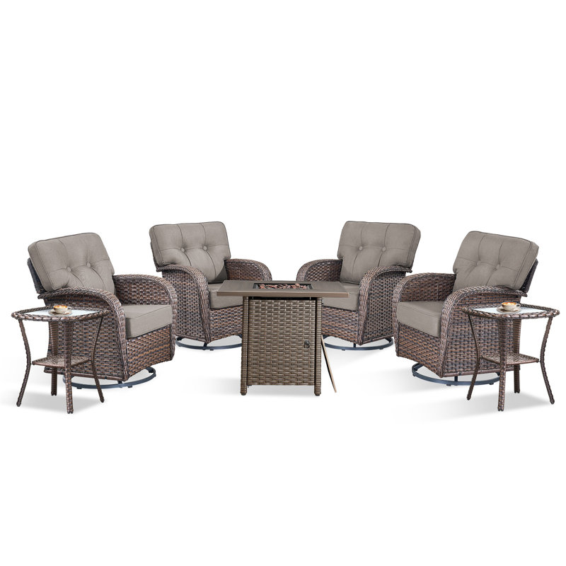 Teebeck 7-Piece Outdoor Swivel Wicker Rattan Patio Conversation Set With Cushions And Square Fire Pit Table, Gray