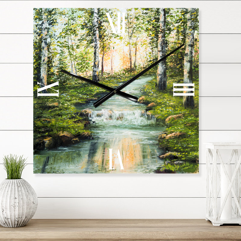 Horloge murale rivière à travers forêt de bouleaux, Très grand
