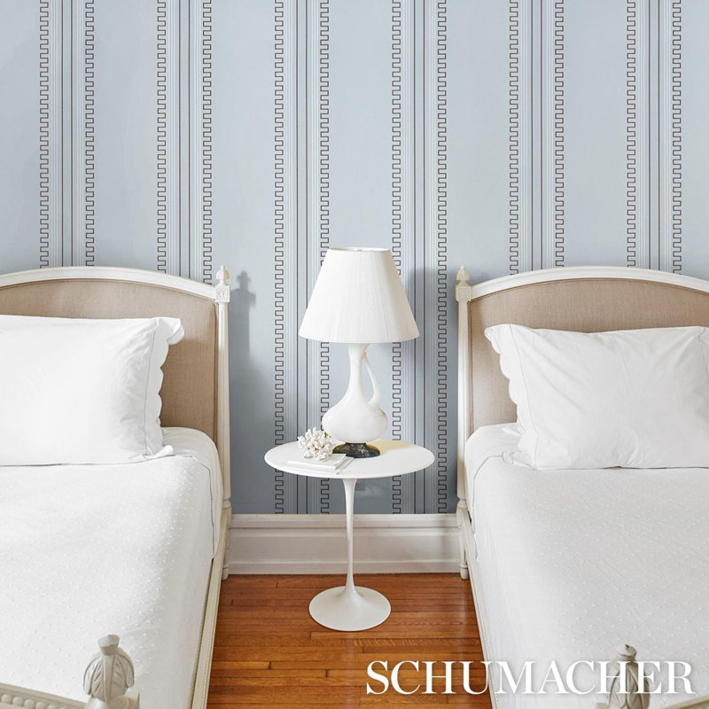 Schumacher x Mary McDonald Greco Stripe Wallpaper, Sky