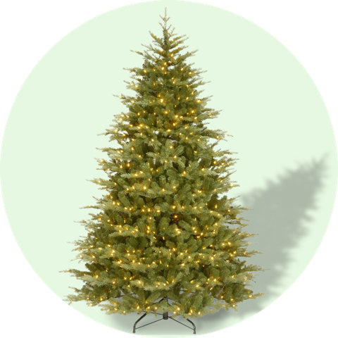 Lit artificial Christmas tree.